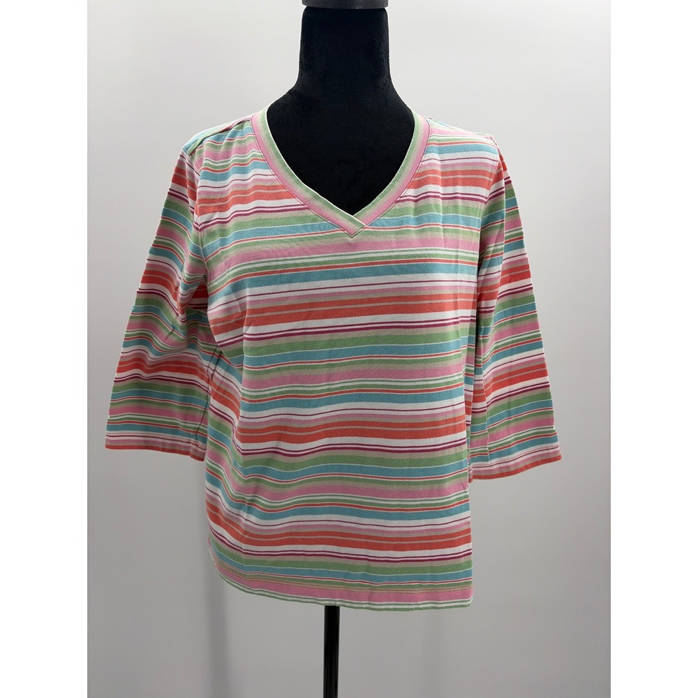 Koret Womens‎ Large Striped V-Neck Top 3/4 Sleeve Pink Orange Green Blue Casual